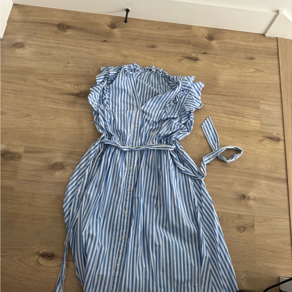 141.) Free Assembly / COTTON / Striped Blue Midi Dress / Button Down